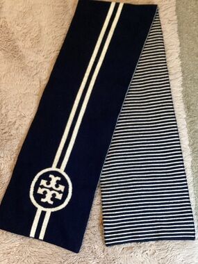 Tory Burch Navy and White Striped Logo Knit Scarf